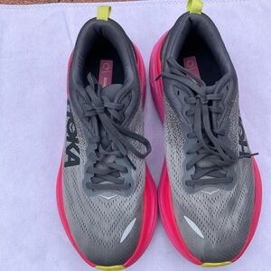 Hoka Bondi 8 Gray and Pink Athletic Shoes